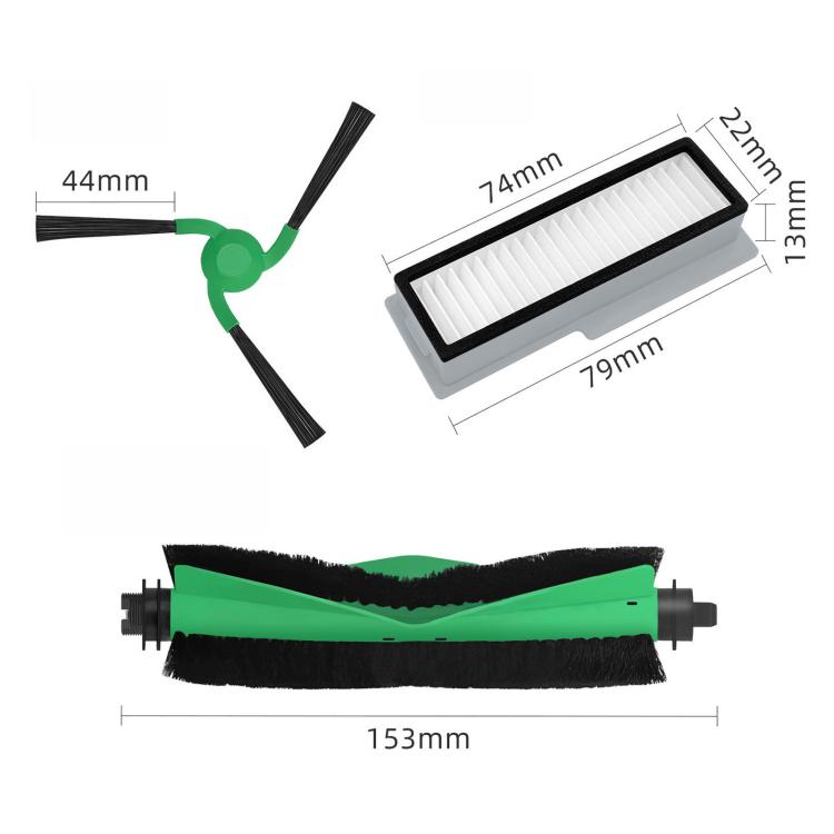 Robot vacuum replacement parts: green main brush, side brush, and pleated filter