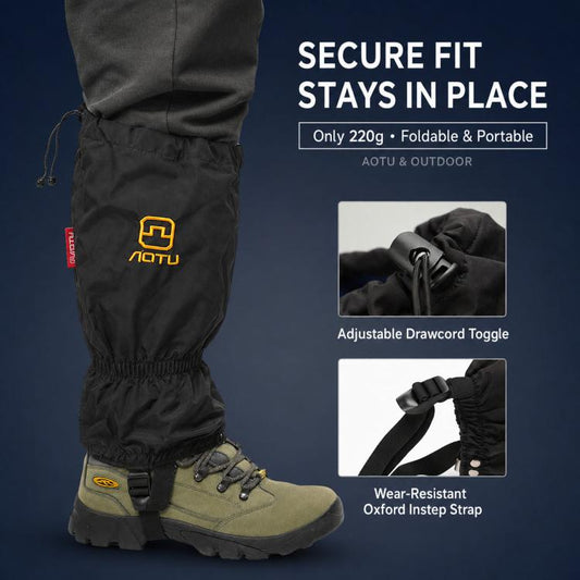 Black hiking snow gaiters with drawcord toggle and adjustable instep strap detail