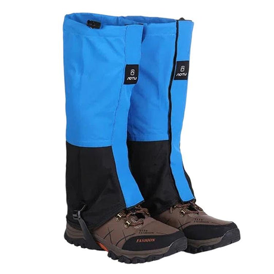 Blue and black waterproof hiking leg gaiters with drawcord and adjustable strap
