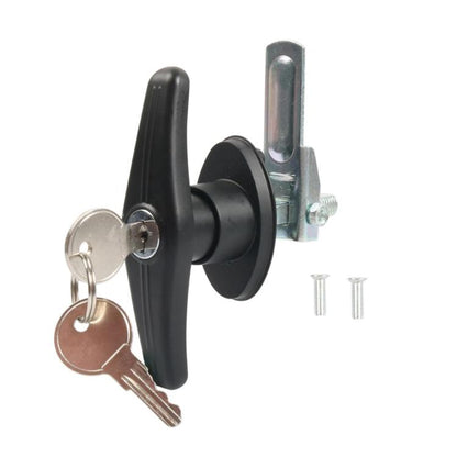 Black zinc alloy T-handle body lock with keys and mounting hardware, left-opening