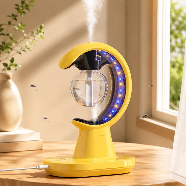 Yellow desktop cool-mist humidifier with circular blue LED ring and mist plume