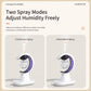 Humidifier infographic showing two spray modes with white unit and blue LED ring