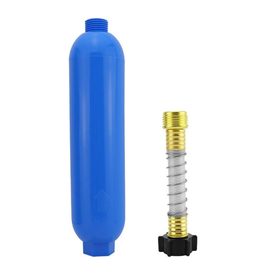 Blue RV water filter cartridge with brass garden hose connector and stem