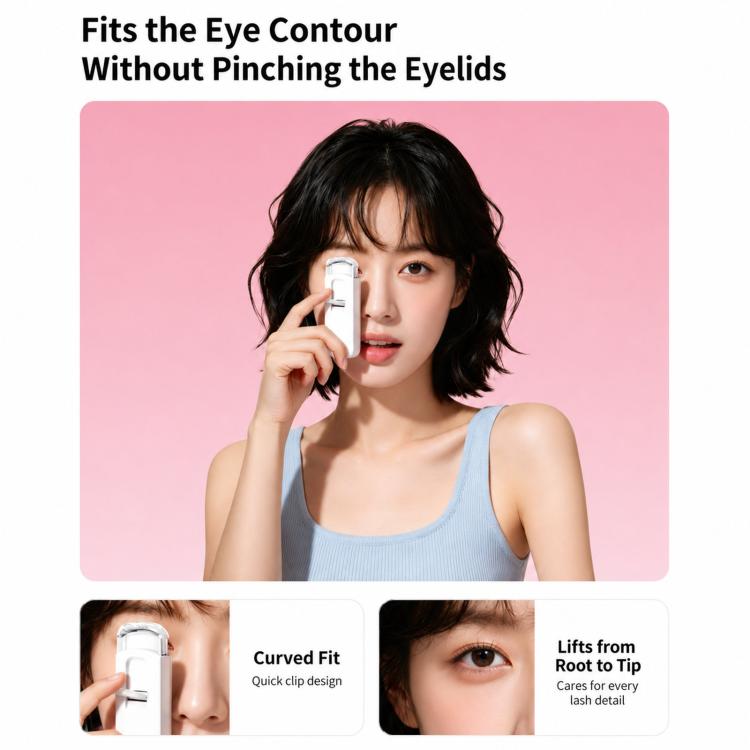 Rechargeable heated eyelash curler on model, curved fit clamp