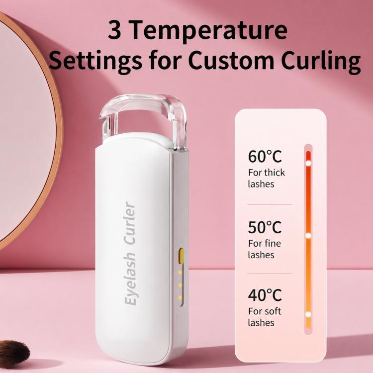 White rechargeable heated eyelash curler with three temperature indicator lights