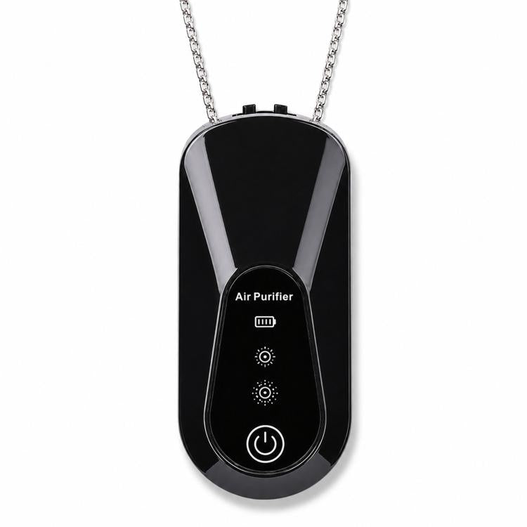 Black neck-hanging personal air purifier pendant with control buttons and hanging chain
