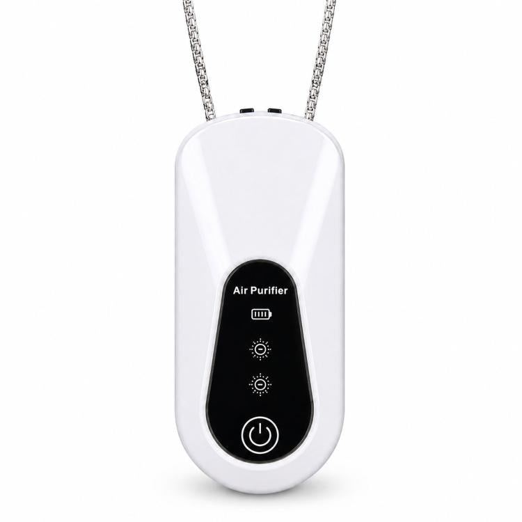 White neck-hanging personal air purifier pendant with control buttons and hanging chain