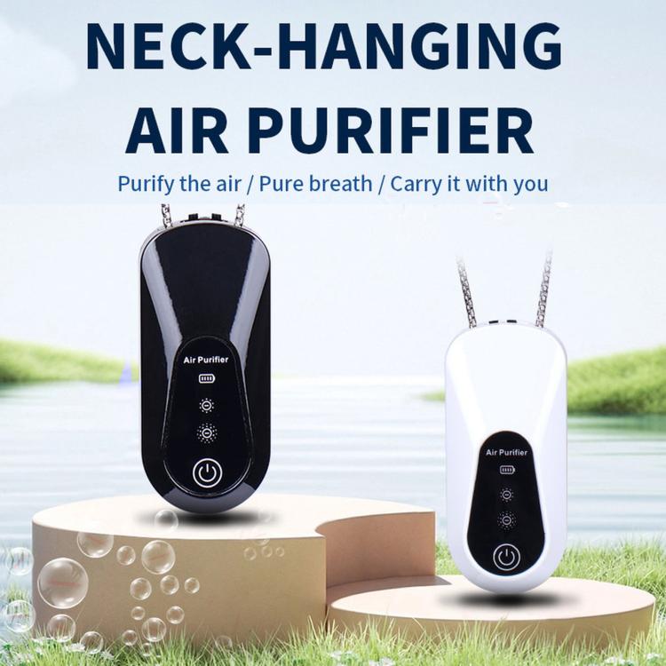 Neck-hanging air purifier pendants in black and white with chain straps