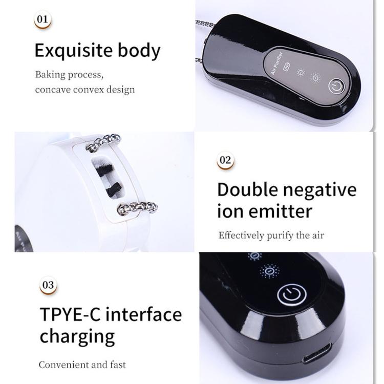 Air purifier pendant details: necklace chain, control panel, and USB-C charging port