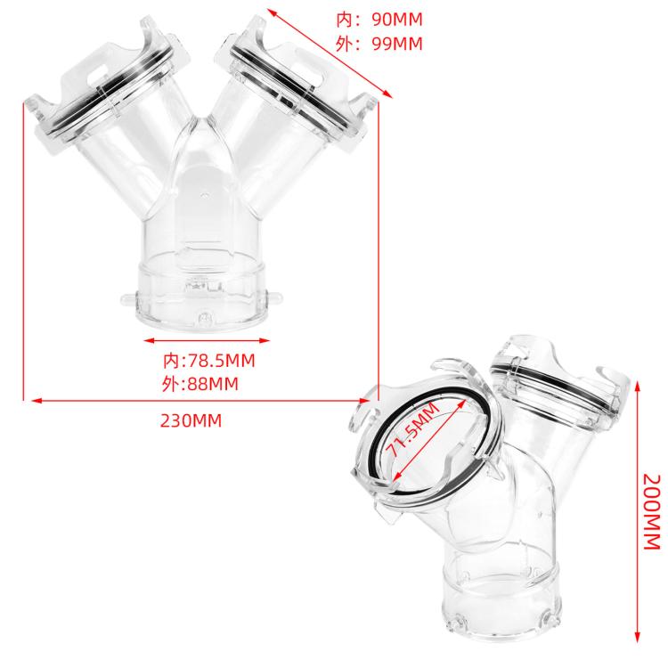 Transparent Y-type drain pipe tee connector shown with size diagram