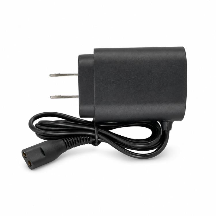 Black AC power adapter with two-prong plug and 2-pin shaver connector cord