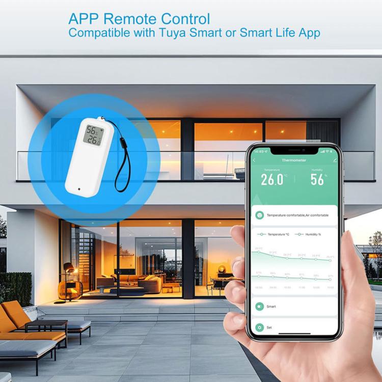 White WiFi smart temperature and humidity meter shown with smartphone app for monitoring