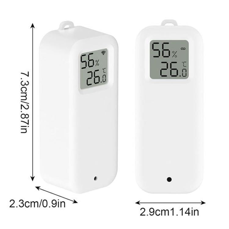 Two white WiFi smart temperature and humidity meters with screens, size diagram