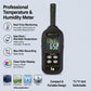 Handheld temperature and humidity meter with backlit color display and keypad buttons