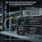 Handheld temperature and humidity meter in front of server rack equipment