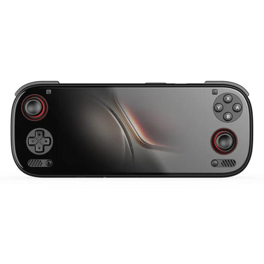 Black handheld game console with red-accent thumbsticks and D-pad