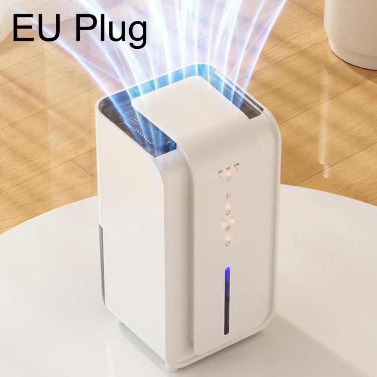 White small home dehumidifier with EU-style plug, front air intake and indicator lights
