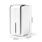 White compact dehumidifier with side dimensions, front vent and indicator panel
