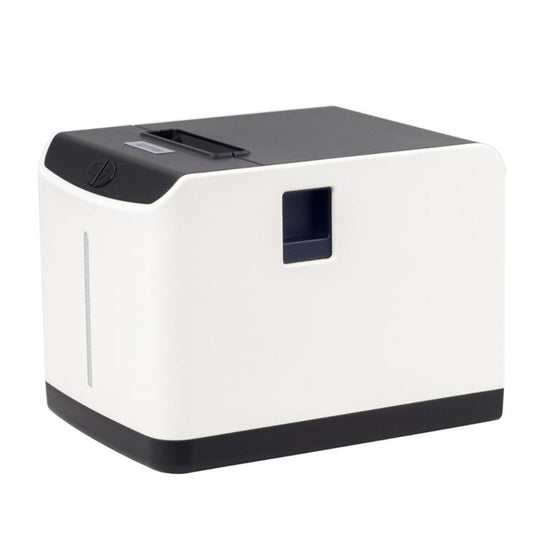White thermal printer with black base and paper access slot on top