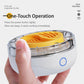 White food purifier with transparent lid and yellow plate; hand pressing blue power icon