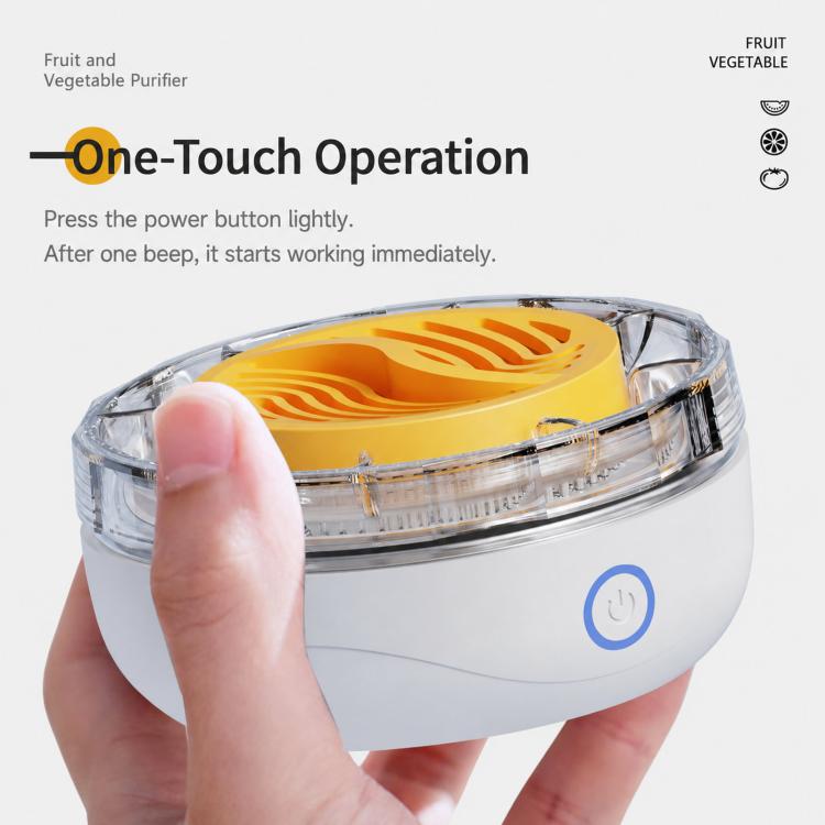 White food purifier with transparent lid and yellow plate; hand pressing blue power icon