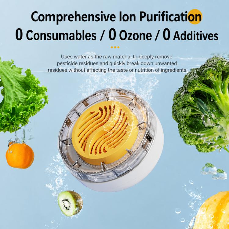 Circular white food purifier with clear top and yellow ion plate, shown from above