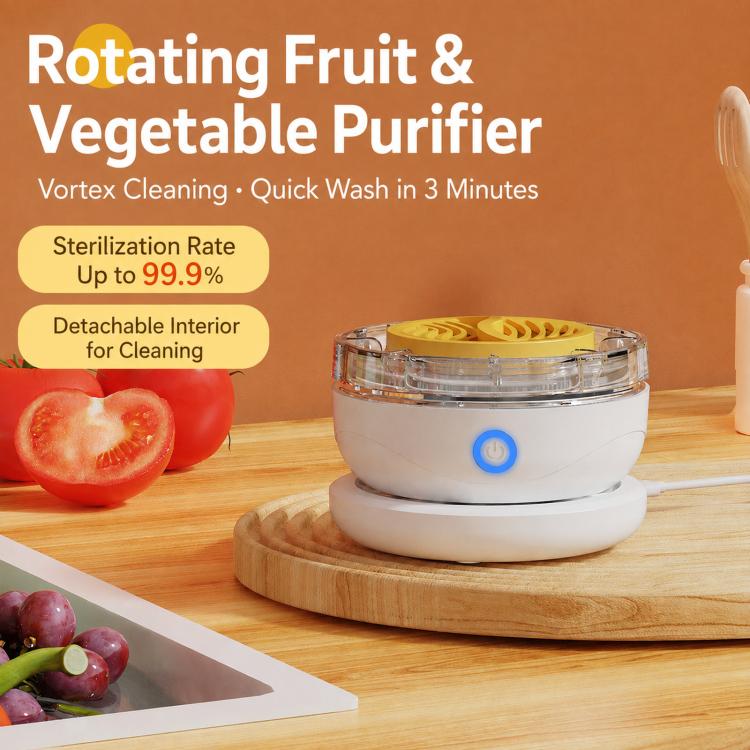 White rotating fruit and vegetable purifier with clear lid and yellow plate on wood base