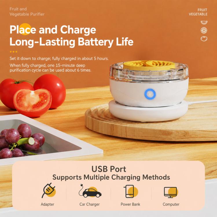 White countertop purifier with clear lid and yellow plate, blue power icon, charging base