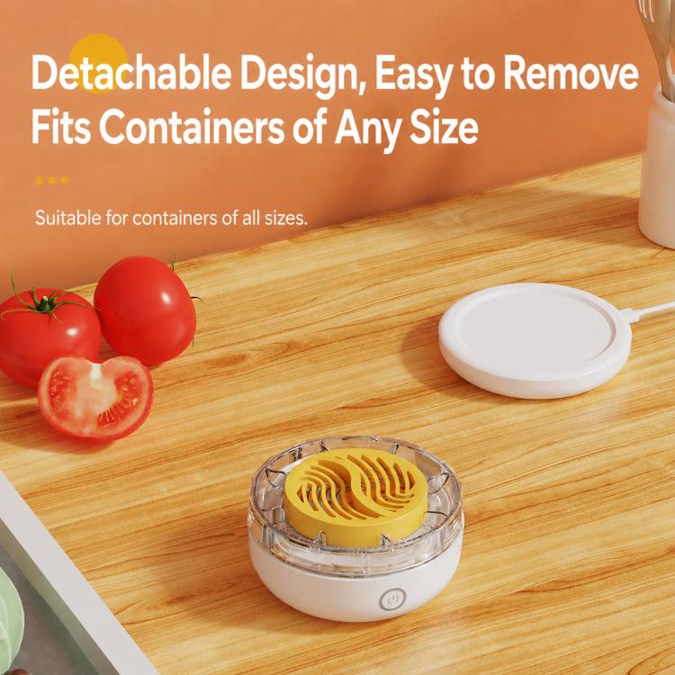 Compact white food purifier with clear chamber and yellow plate; detachable top cover nearby