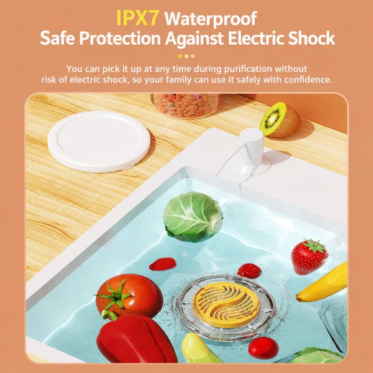 White food purifier with clear top and yellow plate, blue power icon in a water tray