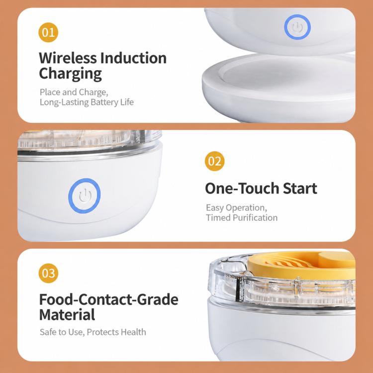 White food purifier with blue power icon; wireless charging base and one-touch start panel
