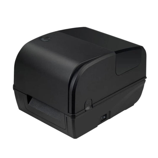 Black thermal transfer label printer with front flap and side details, angled view