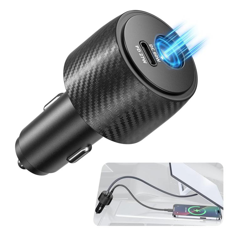 Car cigarette lighter 2-in-1 charger with carbon-fiber finish and illuminated USB-C/PD ports