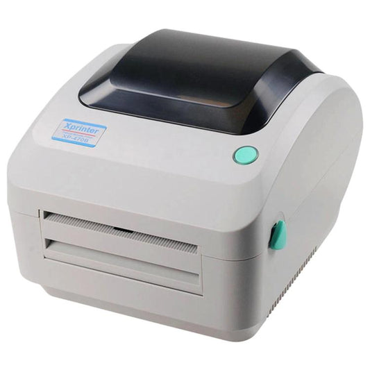 White thermal label printer with black top window, green light, and front paper slot