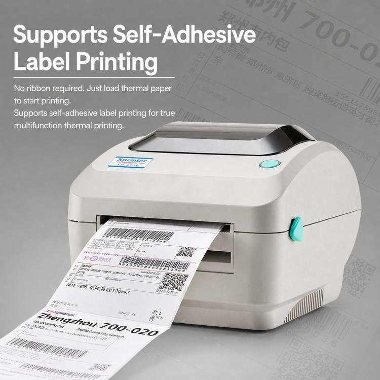 Thermal label printer dispensing a printed label from the front output slot
