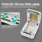 Thermal label printer with open bay showing adjustable paper guides and label rollers