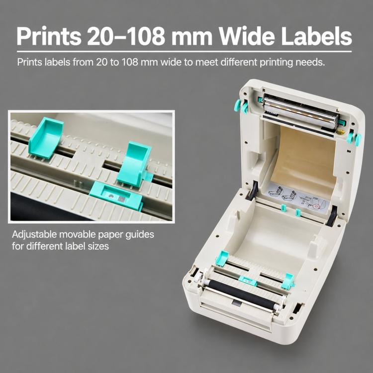 Thermal label printer with open bay showing adjustable paper guides and label rollers