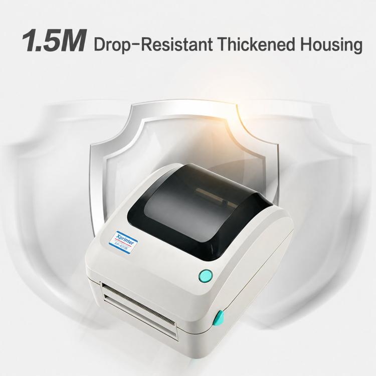 White thermal label printer shown inside a protective shield graphic with black top window