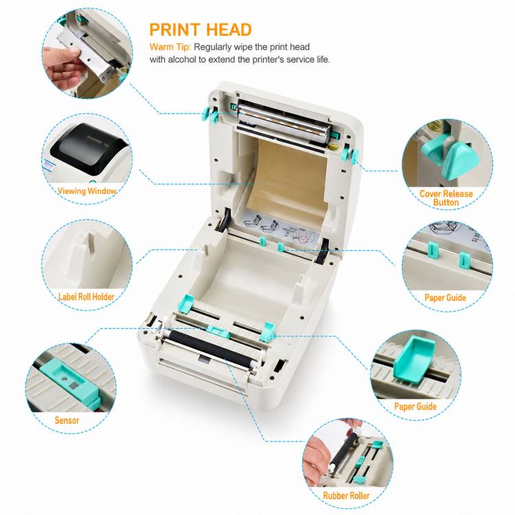 Thermal label printer with cover open showing print head, paper guides, and rollers