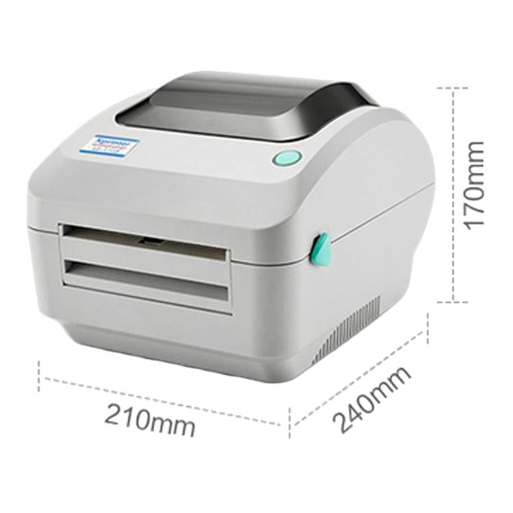 White thermal barcode printer with front label slot and blue button; 210x170x240mm