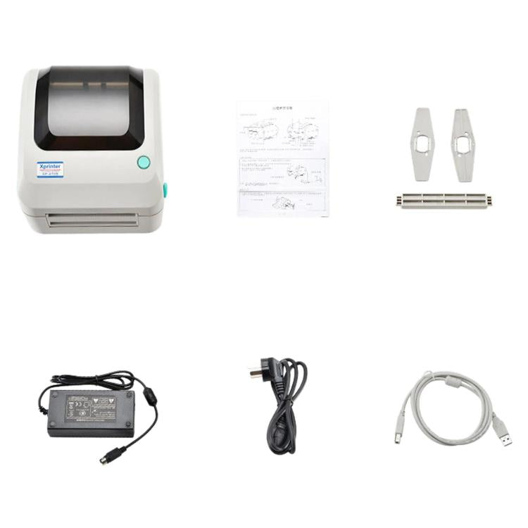 Thermal barcode printer kit with user manual, mounting parts, power adapter, and USB cable