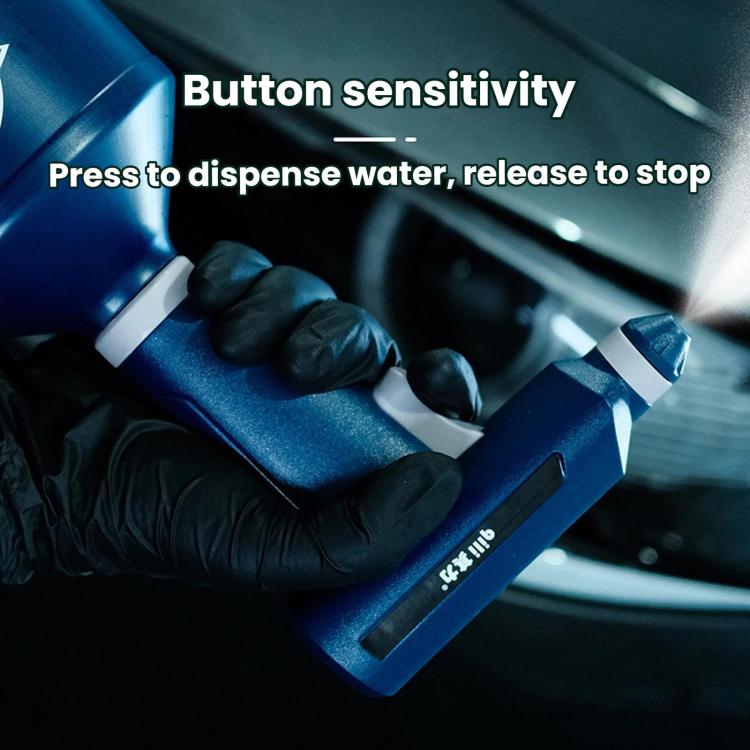 Hand holding a blue electric atomizing sprayer, pressing the control button