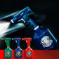 Three electric atomizing sprayers in green, blue, and red with mist spray fan