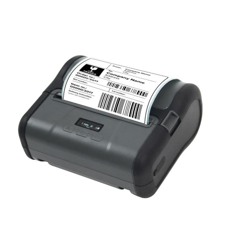 Portable thermal label printer with OLED screen and black housing