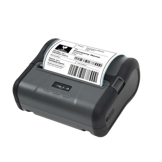 Portable thermal label printer with OLED screen and black housing
