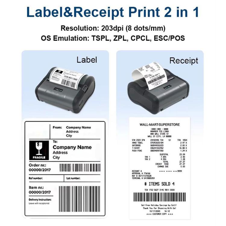 Portable thermal printer printing label and receipt, black body with top slot