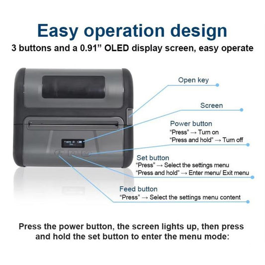 Portable label printer front with 0.91 OLED display and three control buttons