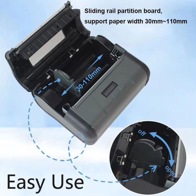 Open portable label printer showing paper feed tray and sliding rail mechanism