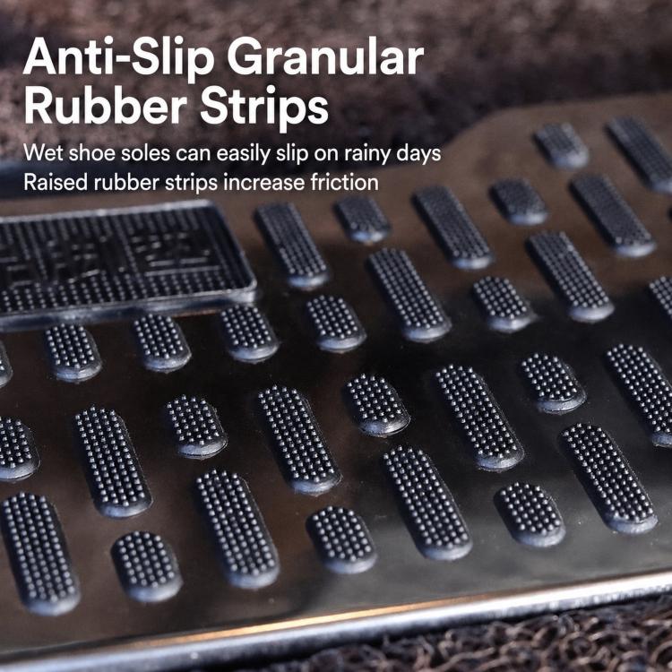 Anti-slip stainless steel footrest with raised granular rubber strips for traction