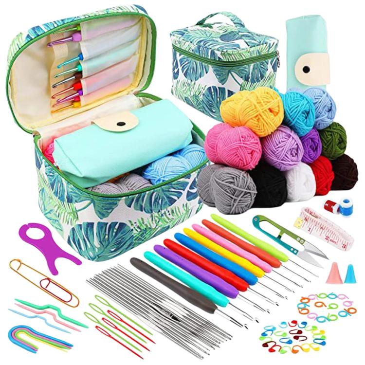 Crochet hook and sewing needle kit with storage bag, stitch markers, and yarn assortment